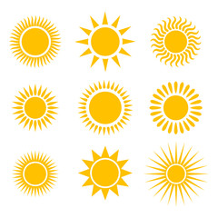 Suns graphic icons set. Suns pictograms isolated on white background. Symbols of summer. Vector illustration