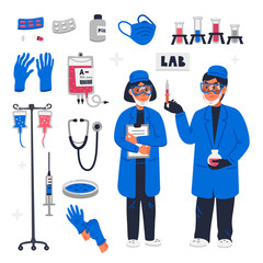 Scientists in lab. Healthcare researchers working in science laboratory. Female and male scientists and lab equipment for research and testing. Flat style vector illustration on white background.