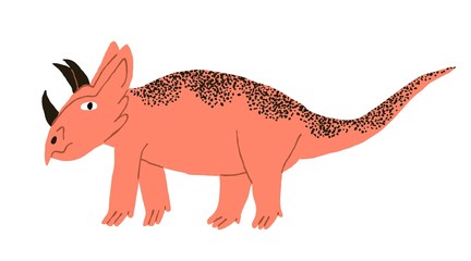 Large dinosaur with horns isolated on white background.  Funny triceratop. Wild big reptile. Flat style drawing. Cute extinct animal. Stock vector illustration.
