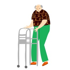 Old man with a paddle walker. Isolated on white background. Elderly senior male with physical disability. Smiling happy grandfather. Flat style drawing. Fun cute design. Stock vector illustration.