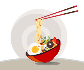Japanese Ramen On A Bowl, Noodle Soup in Bowl Asian Food Vector illustration