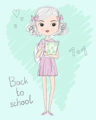 Hand drawn cute curly schoolgirl in dress with backpack and folder in hands. Back to school concept. Vector illustration