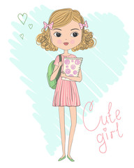 Hand drawn cute curly schoolgirl in dress with backpack and folder in hands. Back to school concept. Vector illustration