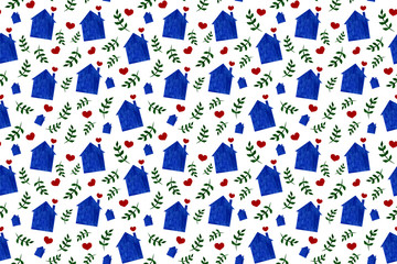 Watercolor colorful seamless pattern with blue geometric houses, red hearts and branches with leaves on white background. Happy Valentine Day Can use for textile, wrapping paper, wallpaper and decor.