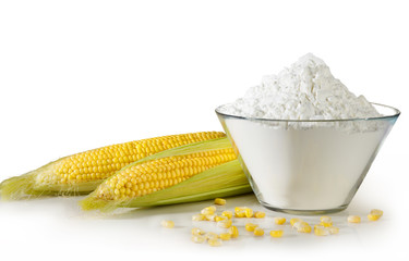 Open cob of fresh ripe corn on a white background with snow-white corn starch