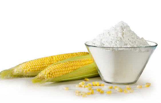 Open cob of fresh ripe corn on a white background with snow-white corn starch
