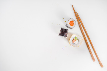 Japanese food. Big sushi set. Assorted set of various sashimi, maki and sushi rolls with different...