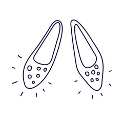 Flat shoes decorated with shiny crystals in doodle style. Hand drawn vector illustration in black ink isolated on white background.  Great for coloring book.