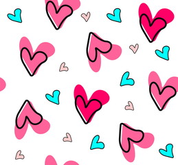 seamless background with decorative drawing pink and blue hearts