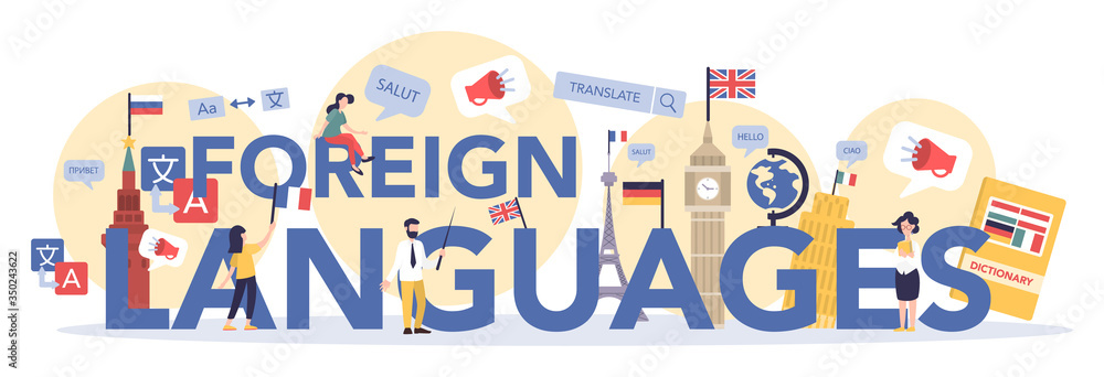 Poster language learning typographic header concept. study foreign