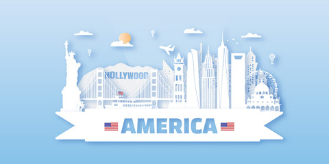 Fototapeta premium USA America Travel postcard, poster, tour advertising of world famous landmarks. Vectors illustrations