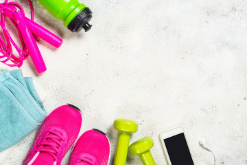 Fitness equipment flat lay image on white background.