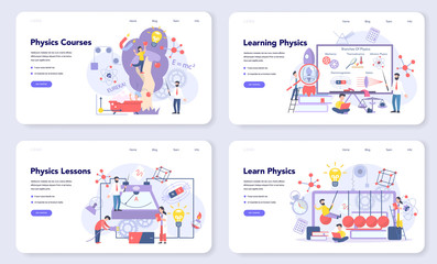 Physics school subject web banner or landing page set. Scientist