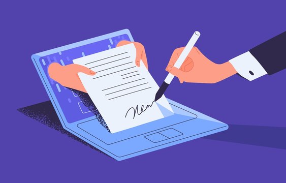 Man putting esignature into legal document. Digital signature concept. Businessman signing an agreement or contract online. Colorful vector illustration in flat cartoon style