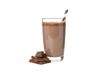 Glass of chocolate milkshake isolated on white background