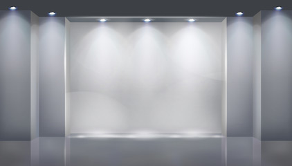 Exhibition in a shopping gallery. Empty shop window. Place for exhibition. Show room. Vector illustration. - 350245264