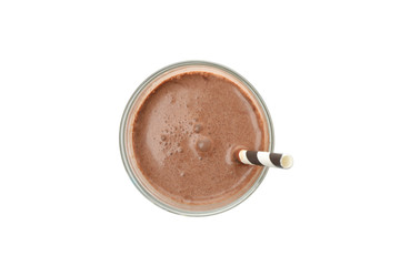 Glass of chocolate milkshake isolated on white background