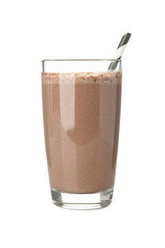 Glass of chocolate milkshake isolated on white background