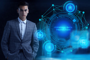 Business, Technology, Internet and network concept. Young businessman working on a virtual screen...