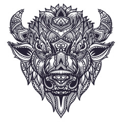 Hand drawn doodle zentangle bison head illustration