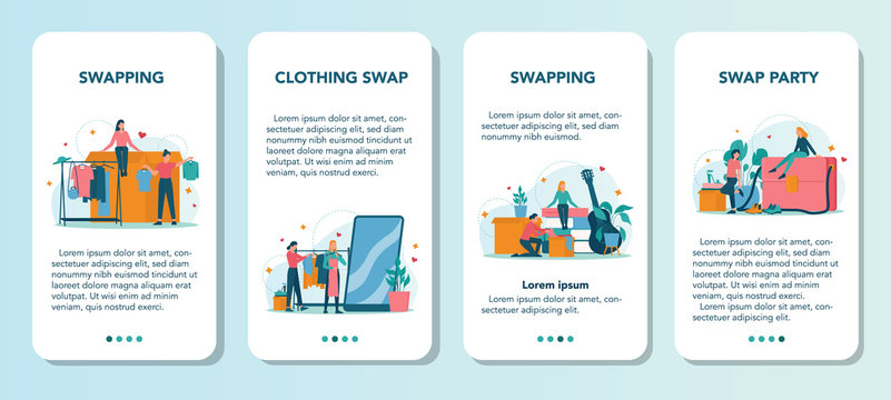 Swap party or flea market mobile application banner set. Clothes