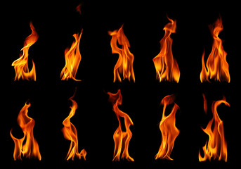 Collection set of fire and burning flame of candle light isolated on dark background for graphic design purpose