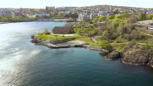 Drone Aerial View Stavanger Norway Suburbia Coastline, Park Under Goladen High School on Spring
