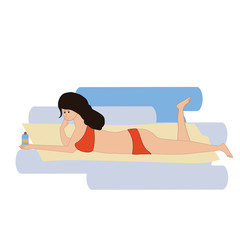 the girl lies on a towel on the beach, holds a bottle of water, rests and sunbathes. Vector illustration in hand-drawn style.