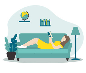 The girl is lying on the couch and reading a book. Education concept. Flat vector illustration. Stay at home.
