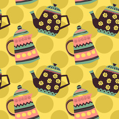 Colorful teapots on yellow background and polka dots, seamless pattern