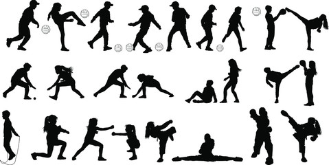 25 black silhouettes of girls and boys playing soccer with the ball and doing martial arts
