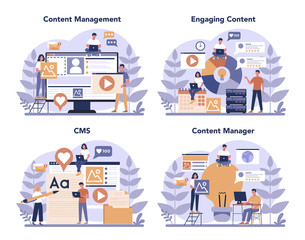 Content management concept set. Idea of digital strategy and content