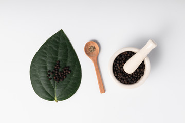 Fresh black cambodian pepper corn in bowl, cooking preparation