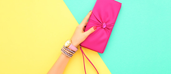 Fashion. Trendy handbag clutch, female hand, accessories set. Minimal design. Stylish wrist...