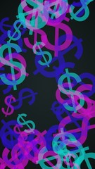 Multicolored translucent dollar signs on dark background. Red tones. 3D illustration