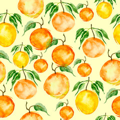 Watercolor painting, vintage seamless pattern - tropical fruits, citrus, slices of lemon, orange,  grapefruit. Splash of paint yellow, red and orange. pattern of mandarin, orange, citrus leaves