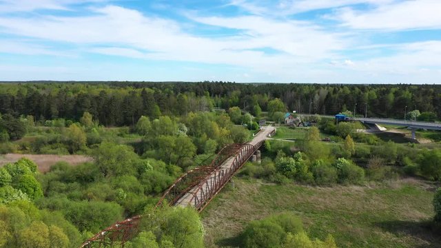 Aerial view of the old Prussian bridge in Talpaki village, Russia