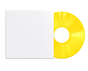 Yellow Vinyl Disc Record with White Cover Sleeve and Label . 3D Render Isolated on White Background.