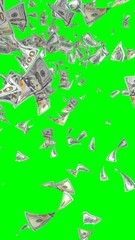 Flying dollars banknotes isolated on chromakey. Money is flying in the air. 100 US banknotes new sample. Vertical orientation. 3D illustration