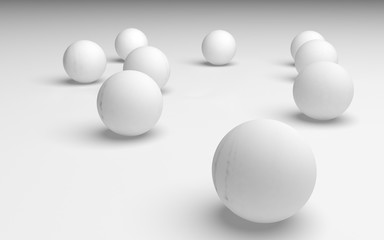 White abstract background. Set of white balls isolated on white backdrop. 3D illustration