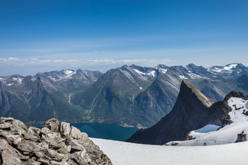 SAEBOE, NORWAY - 2014 JULY 09. View from the mountain Dalegubben. Can see the big fjord and big...