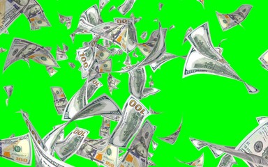 Flying dollars banknotes isolated on chromakey. Money is flying in the air. 100 US banknotes new sample. 3D illustration