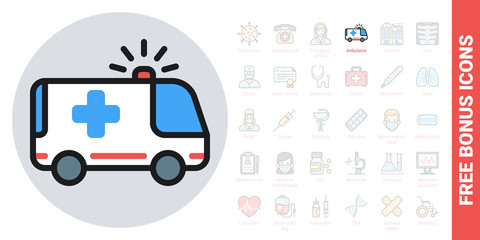 Ambulance car icon. Simple color version. Free bonus icons kit included