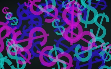 Multicolored translucent dollar signs on dark background. Red tones. 3D illustration