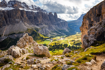 Passo Gardena valley mountain range, South Tyrol Italy alps.