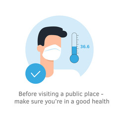 Temperature check. Mask on the face. Coronavirus prevention. Epidemic 2019-ncov. Vector illustration flat design. Isolated on white background. Temperature thermometer sign