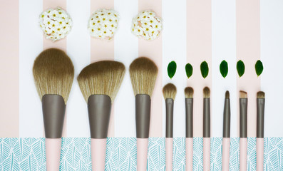 Makeup brushes for eyes, lips, blush, contouring, highlighter, eyebrow.