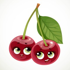Cute little cartoon emoji cherries isolated on white background