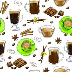 Vector seamless pattern with coffee spices and chocolate