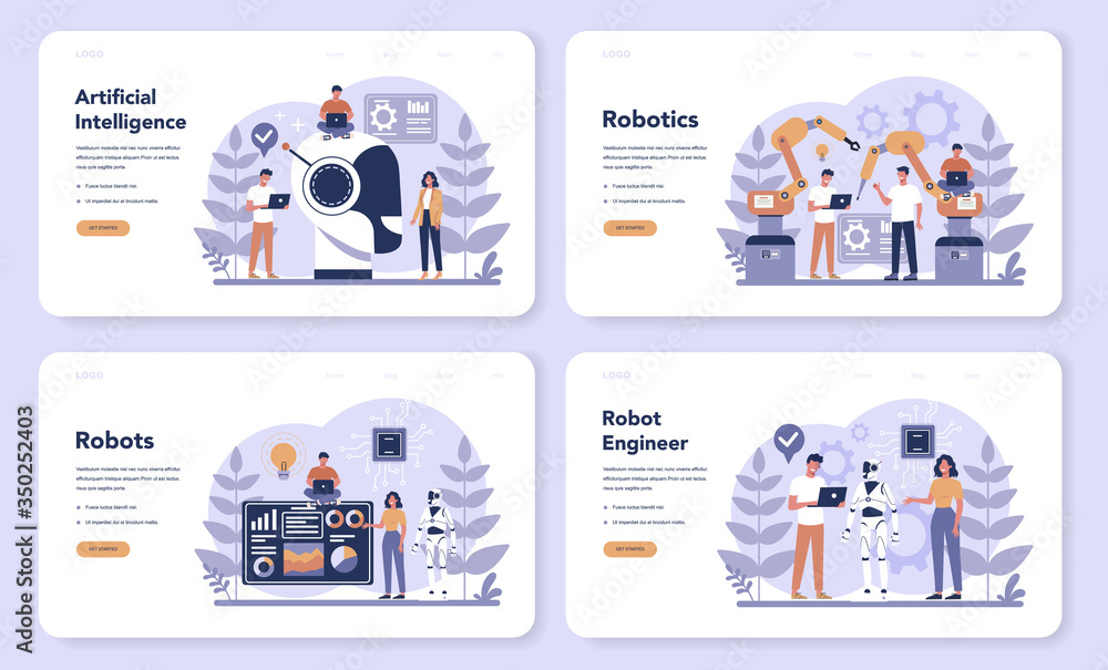 Poster robotics web banner or landing page set. robot engineering